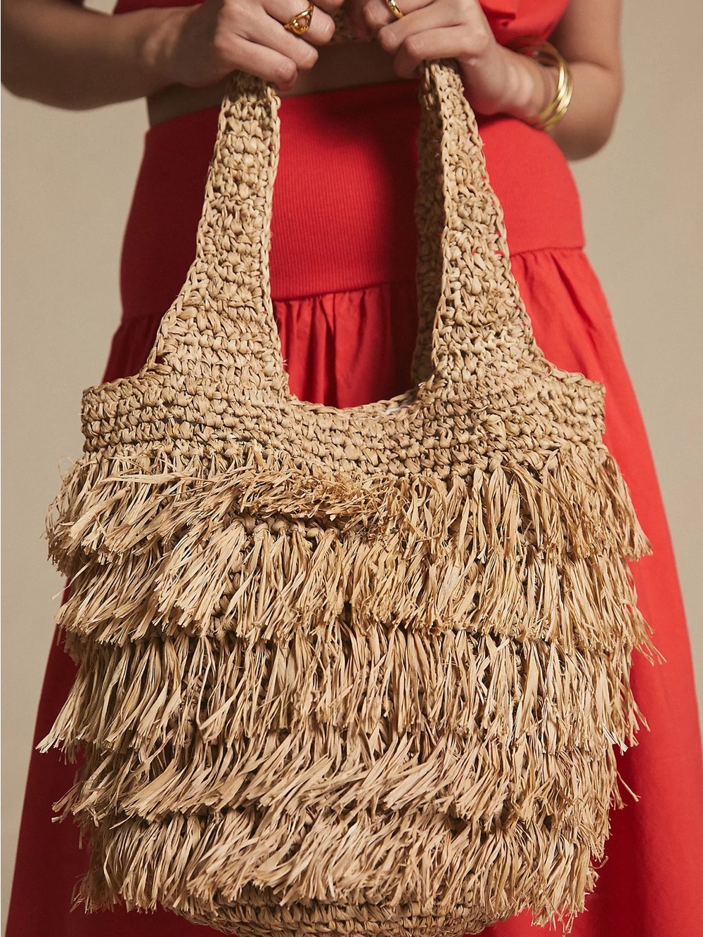 NWT Anthropologie Woven Raffia Lusana Fringe Tote Bag - Natural